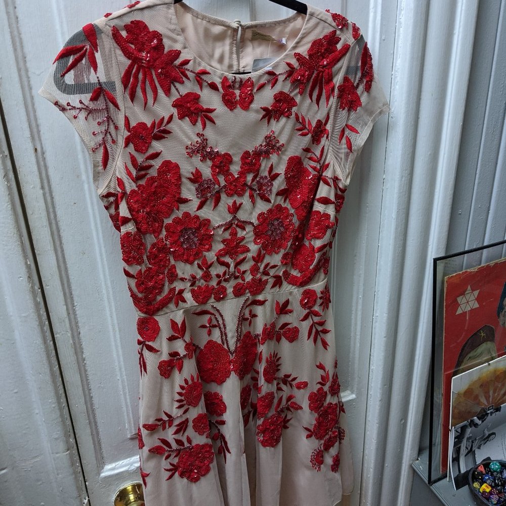 Vintage Cream & Red Backless Dress